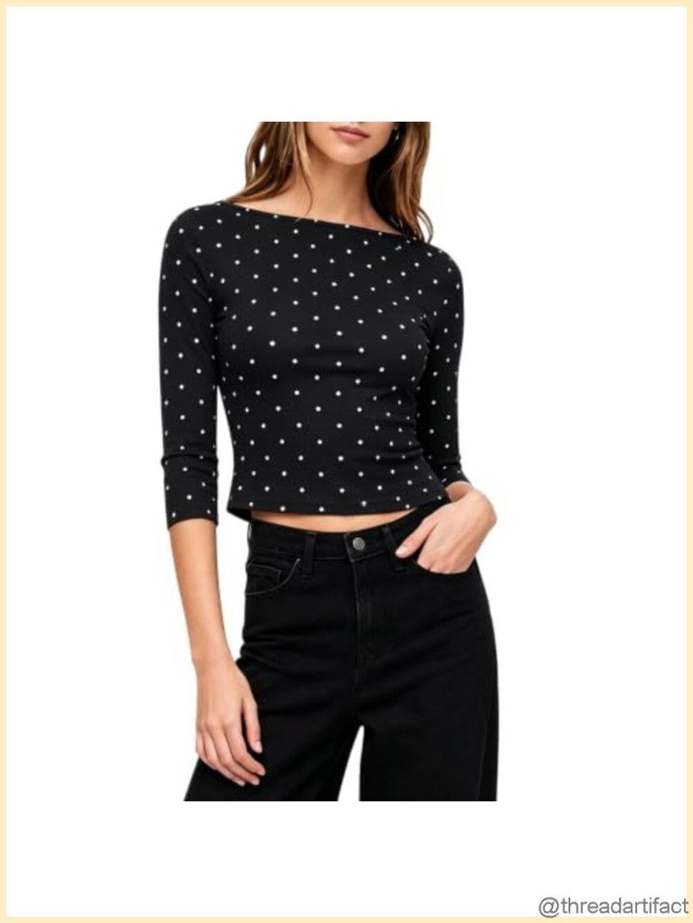 Womens Boat Neck 3/4 Sleeve Polka Dot Fitted Crop Top Y2K